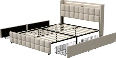 Obrázek produktu pro Čalouněná postel LED, s funkcí nabíjení USB čelo a 4 zásuvky, manželská postel 160x200cm úložné postele rám postele, dřevěný lamelový rám, béžová barva