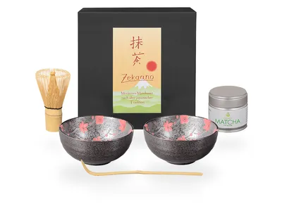 Produktbild von Matcha Set / Matchaset / 2x Matcha Schale 250ml, anthrazit/rot, mit Besen/Löffel/Tee in Geschenkbox
