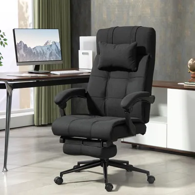 Produktbild von Bürostuhl mit Fußstütze und Kopfstütze, Schreibtischstuhl, Drehstuhl, Polyester-Bezug, Schwarz | 76 x 66 x 120 cm | 18,5 kg | ergonomisch