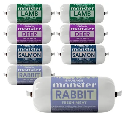 Zdjęcie produktu dla Monster Dog Sausage Rabbit 8x80g Pełnoporcjowa Mokra Karma dla Psa Kiełbasa Mix 4 Smaków