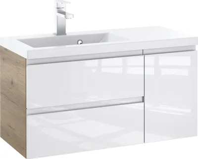 Produktbild von Furni Badunterschrank 90 cm Links mit Waschbecken – Korpus Eiche-Optik & Front Weiß Hochglanz, Vormontiert, Waschtisch-Set modern