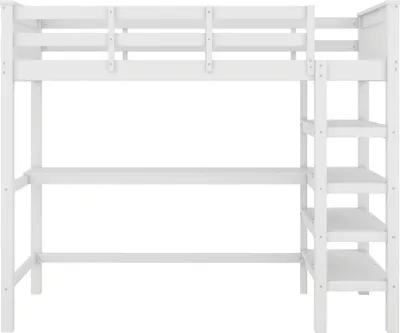 Produktbild von okwish Kinderbett 90 x 200 Hochbett mit Ablagefächern und Unterbettschreibtisch Bettgestell, Weiß