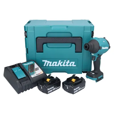 A Makita cordless impact wrench kit with a storage case, charger, and two batteries, displayed on a white background.