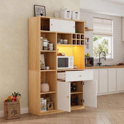 Produktbild von MODFU Buffetschrank Beistellschrank mit einstellbarer LED-Beleuchtung,Küchenbuffet Sideboard mit offenen Regalen und Kippsicherung,Weiß+Natur