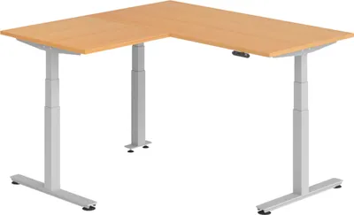 Produktbild von bümö Eckschreibtisch elektrisch höhenverstellbar L-Form - Gestell: Silber, Nachbildung: Buche, Größe: Eckschreibtisch 160 x 160 cm