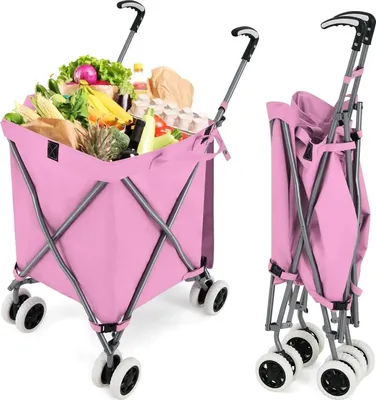 Produktbild von Einkaufstrolley/Einkaufswagen - Klappbar - 90 L Volumen - Tragkraft 55 kg - Abnehmbare Oxford-Tasche - Mit Griff - Rosa