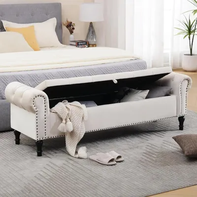 Produktbild von Polsterbank - Sitzbank mit Stauraum/Truhenbank - Metallgestell - Samtbezug - Klappdeckel - 133 cm - Gepolsterte Sitzfläche - Beige