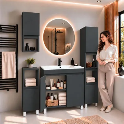 Produktbild von Badmöbelset 80cm mit Waschbecken und Midischränken 4-teilig Anthrazit matt / 4-teiliges Badmöbel-Set mit 80-cm-Keramikwaschbecken