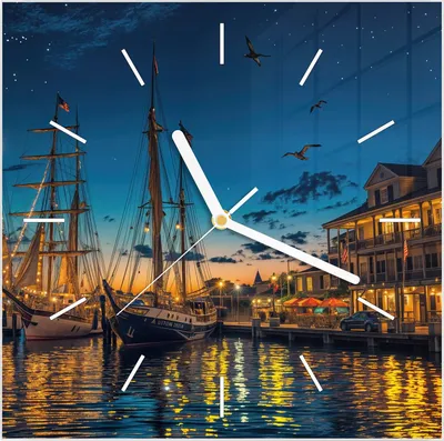 Produktbild von Wanduhr aus Glas mit Motiv Nachthafen- 30 x 30 cm - inkl. Aufhängesystem