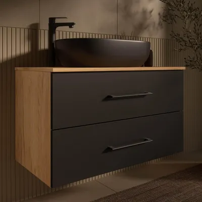 Produktbild von Planetmöbel LUX Badmöbel-Set Waschtisch mit Unterschrank Gold Eiche/Anthrazit 90 cm hängend inkl. Aufsatz-Waschbecken 60 cm schwarz