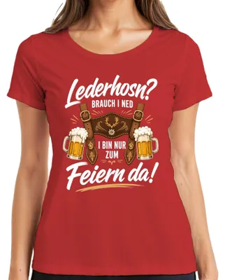 Obrázek produktu pro Lederhosen – Pouze na slavnosti. Dámské tričko s motivem "Lederhosen" a "Dirndl", červené, velikost XL