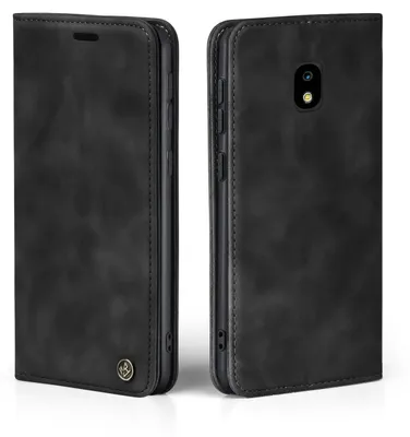 A black flip cover case for a Samsung Galaxy J7 2017 phone is shown from two angles.
