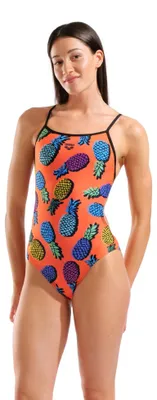 Immagine prodotto di ARENA W Pineapples, costume da bagno a schiena scoperta, modello "Badeanzug", colore arancione/multicolore, con dettagli neri, taglia 36