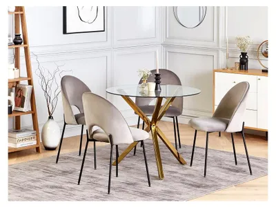 Produktbild von Esszimmertisch 90 cm runde Tischplatte aus Sicherheitsglas mit Kreuzfuß in Gold