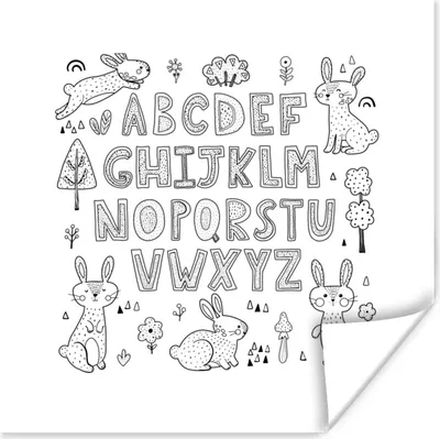 Produktbild von MuchoWow® Poster Illustration Alphabet mit springenden Kaninchen in schwarz und weiß 100x100 cm - Babyzimmer