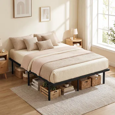 Image de Lit en métal 140x200 cm, structure de lit avec sommier à lattes, lit double avec un espace de rangement de 31,6 cm, couleur noire | 272 kg | 9 pieds | sans sommier à ressorts
