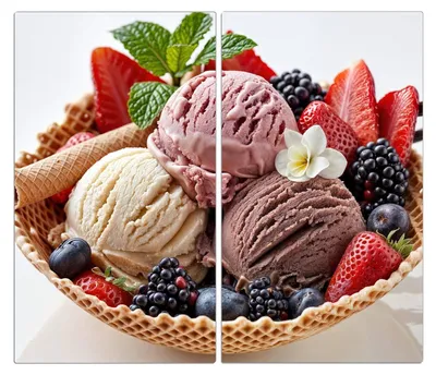 Produktbild von Spritzschutz Herdabdeckplatte Schneidebrett aus Glas Eiswaffelmit Obst 2-Teilig (60x52cm)