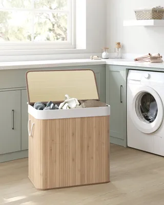 Produktbild von SONGMICS Wäschekorb, mit Deckel und Griffen, aus Bambus, 3 Fächern, 150 L, naturfarben