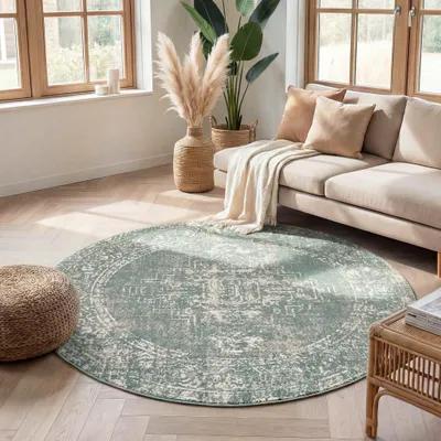 Produktbild von Volero - Teppich Vintage Rund - Spring Ethnic Grün Creme - Ø 160 cm - Wohnzimmer, Esszimmer, Schlafzimmer - Boho, Klassik, Ländlich, Orientalisch
