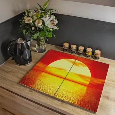 Produktbild von banjado Herdabdeckplatte zweiteilig je 30x52cm groß mit Gummi Abstandshalter, ESG Sicherheitsglas mit Motiv Sonnenuntergang [HAP2 10023]