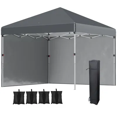 A dark gray pop-up tent with side walls, four sandbags, and a carrying bag, displayed on a white background.