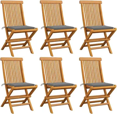 Produktbild von Gartenstühle mit Grauen Kissen 6 Stk. Massivholz Teak