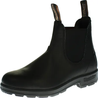 A black leather Blundstone boot is shown against a white background.