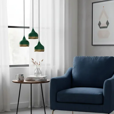 Produktbild von Opviq, Moderne Pendelleuchte in Grün, Metallkörper, Höhenverstellbar (25-111 cm), Ø30 cm Basisplatte, 3 x E27 Fassung, Max 40 W, IP20, Ideal für Hotel & modernes Zuhause.