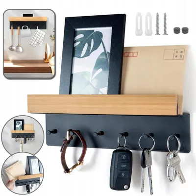Produktbild von Schlüsselbrett Holz Schlüsselhalter Schlüsselbrett mit Ablage Metall Schlüsselbrett,Wandorganizer mit 6 Haken Selbstklebend SchlüSsel Organizer