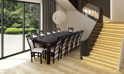 Produktbild von Design Esszimmer Garnitur Stuhl Set Tisch + 12 Stühle Essgarnituren Tische Holz