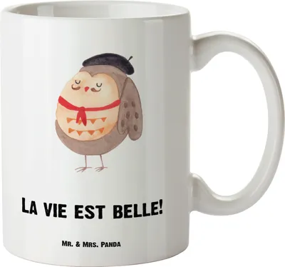 Produktbild von Mr. & Mrs. Panda Große Teetasse Eule Frankreich - Weiß - Geschenk, Riesenkaffeetasse, steingut tasse, La Vie Est Belle, Spruch, weisse, Haferl, Pott