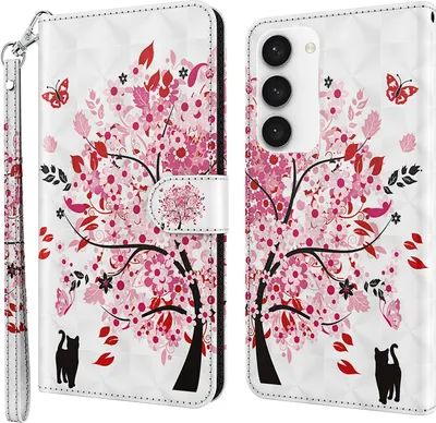 Produktbild von CLM-Tech Hülle kompatibel mit Samsung Galaxy S23 5G - Tasche aus Kunstleder - Klapphülle mit Ständer und Kartenfächern, Baum rosa weiß