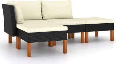 A modular outdoor lounge set with black rattan base and cream cushions, shown on a white background.