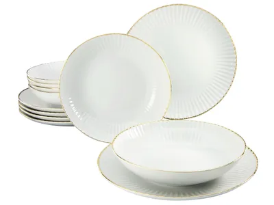 A set of white porcelain plates and bowls with gold trim, arranged on a white background.