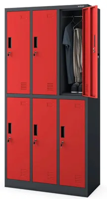 Produktbild von Umkleideschrank Spind IGOR 6 Abteile Etikettenhalter Lüftungsschlitze | Umkleidespind Schließfachschrank Garderobenspind 185x90x45cm Anthrazit-Rot
