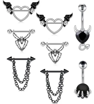 Obrázek produktu pro Sada piercingů: bradavky a pupík, 8 kusů, 14G, chirurgická ocel, akryl, zirkon, srdíčko, řetízek