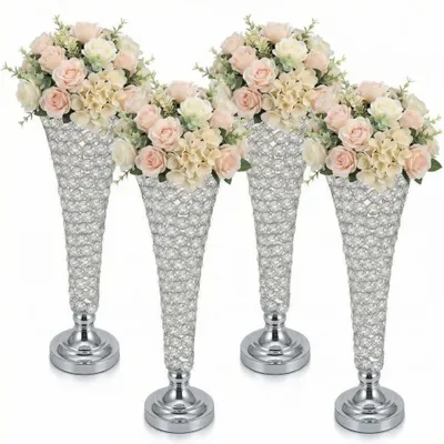 Produktbild von Hochzeit Tischdeko Kristall - Trompetenvase Ständer - Set 4 Stück - 50 cm hoch - Metall - Halter für Blumenarrangement - Silber