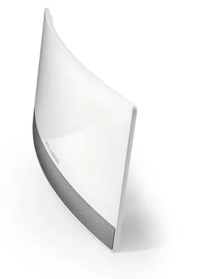 A white, curved object with a gray textured strip along the bottom edge, presented against a white background.