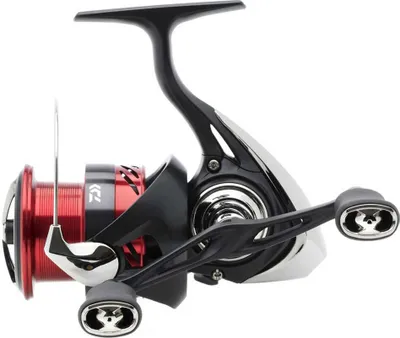 A studio shot of a fishing reel against a white background.