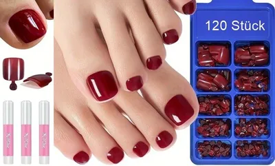Produktbild von GKA 120 Stück Künstliche Fußnägel Zehennägel K3 kurz weinrot Farbverlauf Aufkleben press on Nails Klebepads mit Kleber Nagelfeile