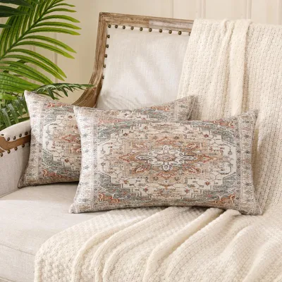 Produktbild von Set mit 2 Boho-Kissenbezügen 30x50 cm, dekorative Kissenbezüge im Boho-Retro-Ethno-Stil, doppelseitige quadratische Dekokissenbezüge für Sofa und Schlafzimmer.