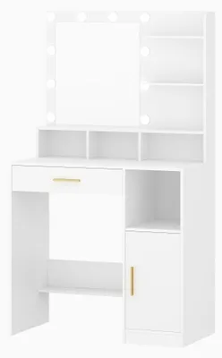 Image de Table de maquillage - Coiffeuse - Meuble de toilette - Table à cosmétiques - Avec miroir - Éclairage LED