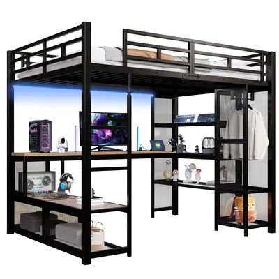 Produktbild von Hochbett mit RGB LED-Streifen, Schreibtisch, Lattenrost, Trittleiter, Kleiderschrank, USB, Rausfallschutz, 140x200cm, Kinderbett, Metallbett