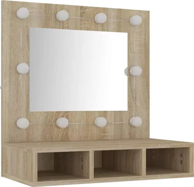 A vanity mirror cabinet with LED lights and storage shelves.