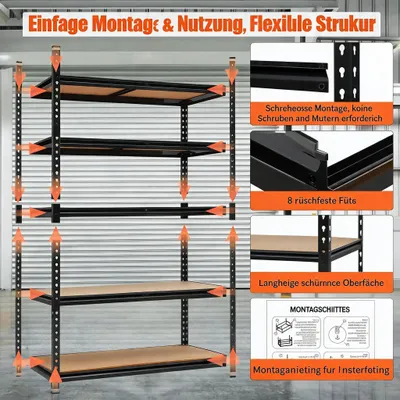 Image de Étagère de stockage robuste - Étagère de 4 niveaux - Structure métallique avec plateaux en MDF - Étagères réglables - Étagère de rangement stable, idéale pour garage et cave - Noir