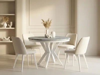 Produktbild von Runder Ausziehbarer Esstisch im Loft-Stil - Industrieller Tisch mit Weißen Metallbeinen - Platzsparender Tisch für Wohnzimmer - Grauer Beton - 100 bis 180 cm