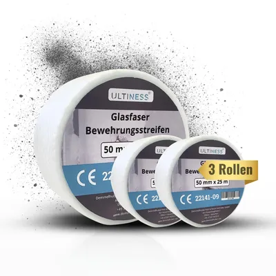 Produktbild von Ultiness Glasfaser Bewehrungsstreifen 50 mm x 25 m - Fugendeckstreifen & Fugenband für Trockenbau - 3 32481-18