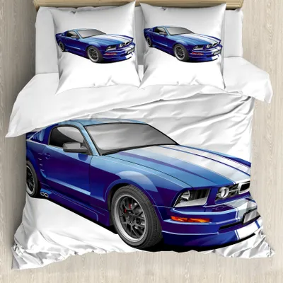 Produktbild von ABAKUHAUS Teen Zimmer Bettbezug, Race Car Vivid Kinder, Milbensicher Allergiker geeignet mit Kissenbezügen, 155 cm x 220 cm - 80 x 80 cm, Blau grau
