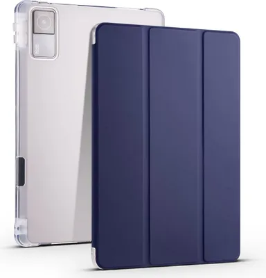 A transparent protective case for a tablet is shown next to a dark blue smart cover case.
