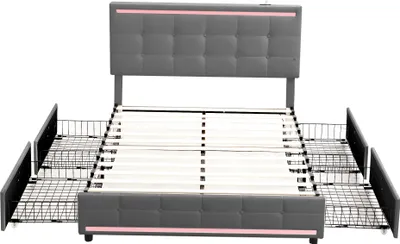 Produktbild von Merax Polsterbett 140x200cm mit höhenverstellbarem Kopfteil, LED, USB-Steckdosenleisten und 4 Schubladen, Funktionsbett Doppelbett aus Leinen